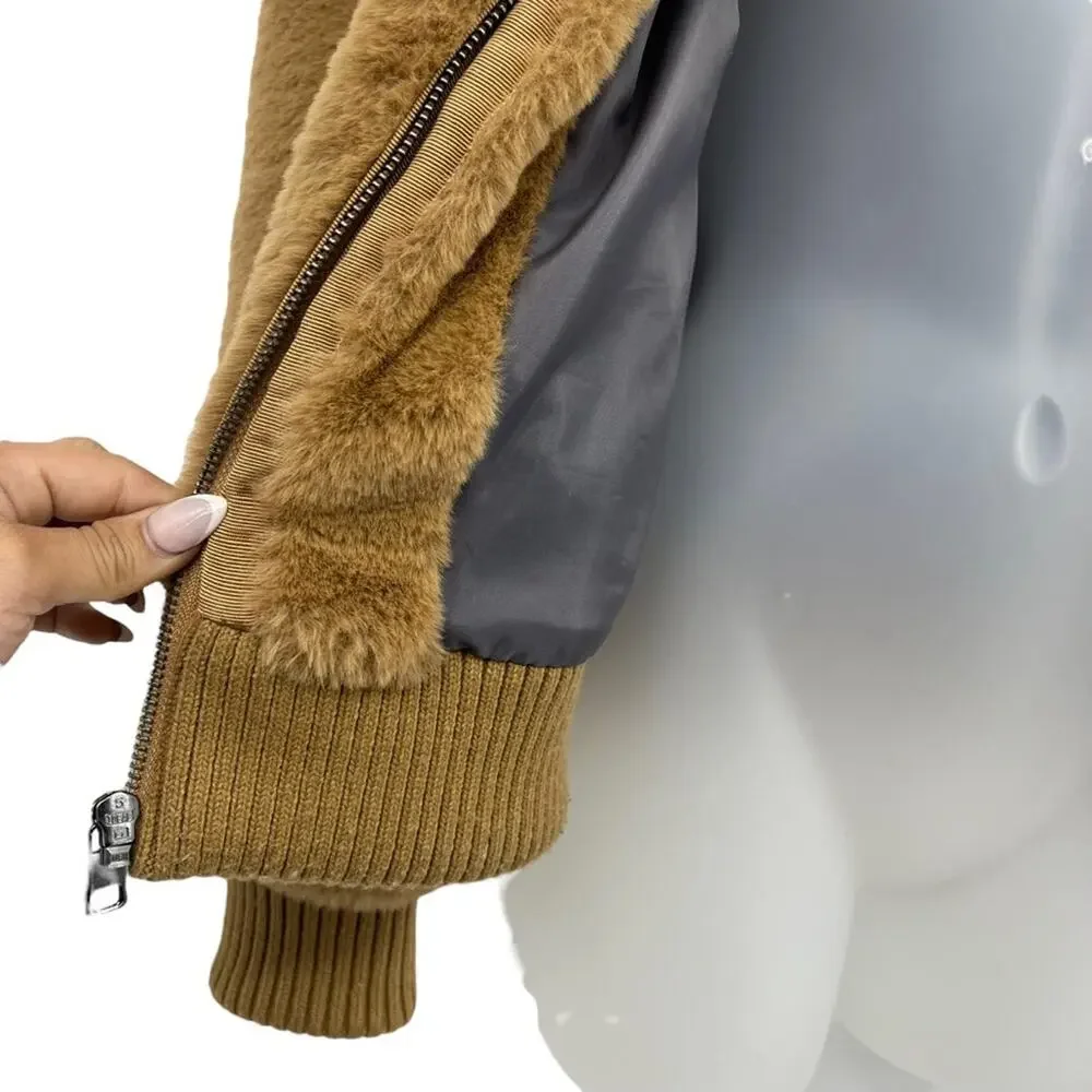 BANANA REPUBLIC Tan Teddy Puffy Faux Shearling Fur Jacket Zip Front Size Small - Picture 5 of 10